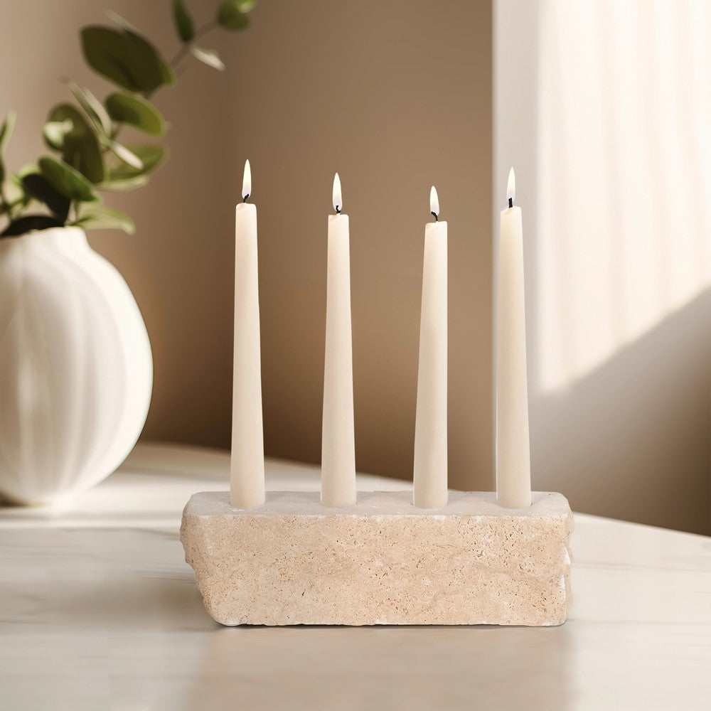 Decorative 4 Taper Candle Holder | Live Edge Style Tan Brown Travertine