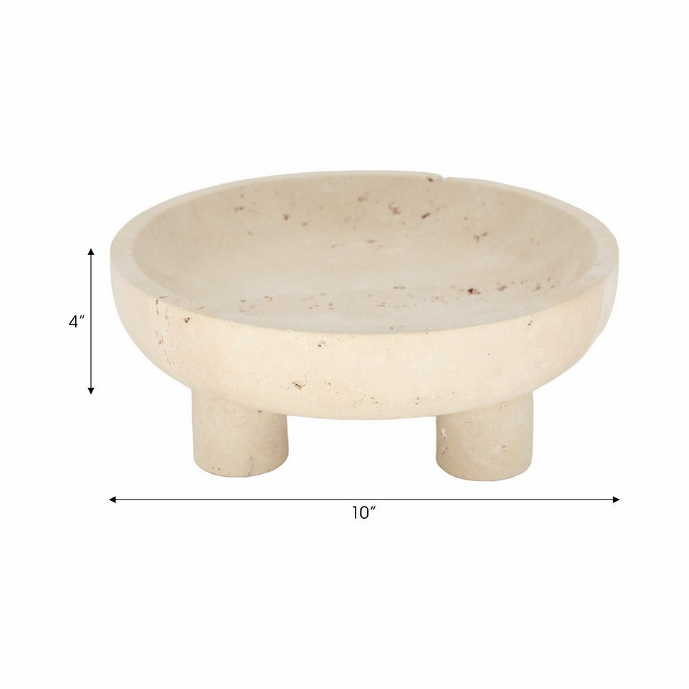 Dozie Decorative Accessory Bowl | Footed Base | Tan Brown Travertine 10"