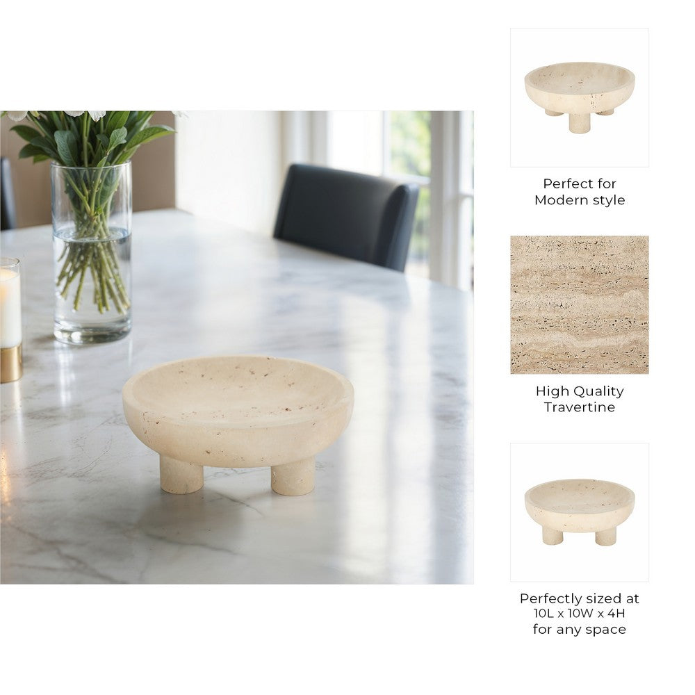 Dozie Decorative Accessory Bowl | Footed Base | Tan Brown Travertine 10"