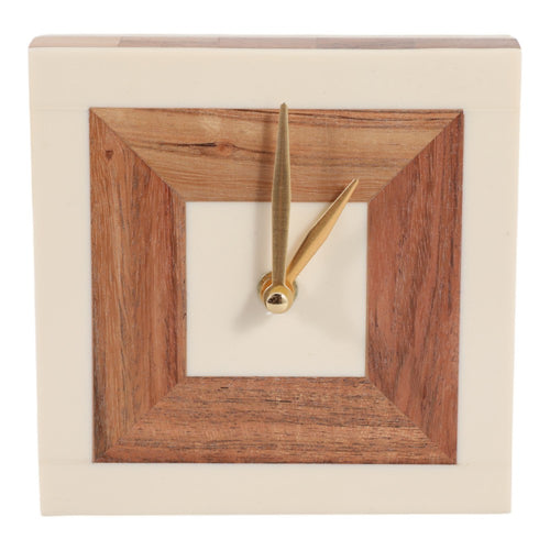 Zola Square Clock with Natural Wood Inlay | Gold Hands | Ivory Resin 5"