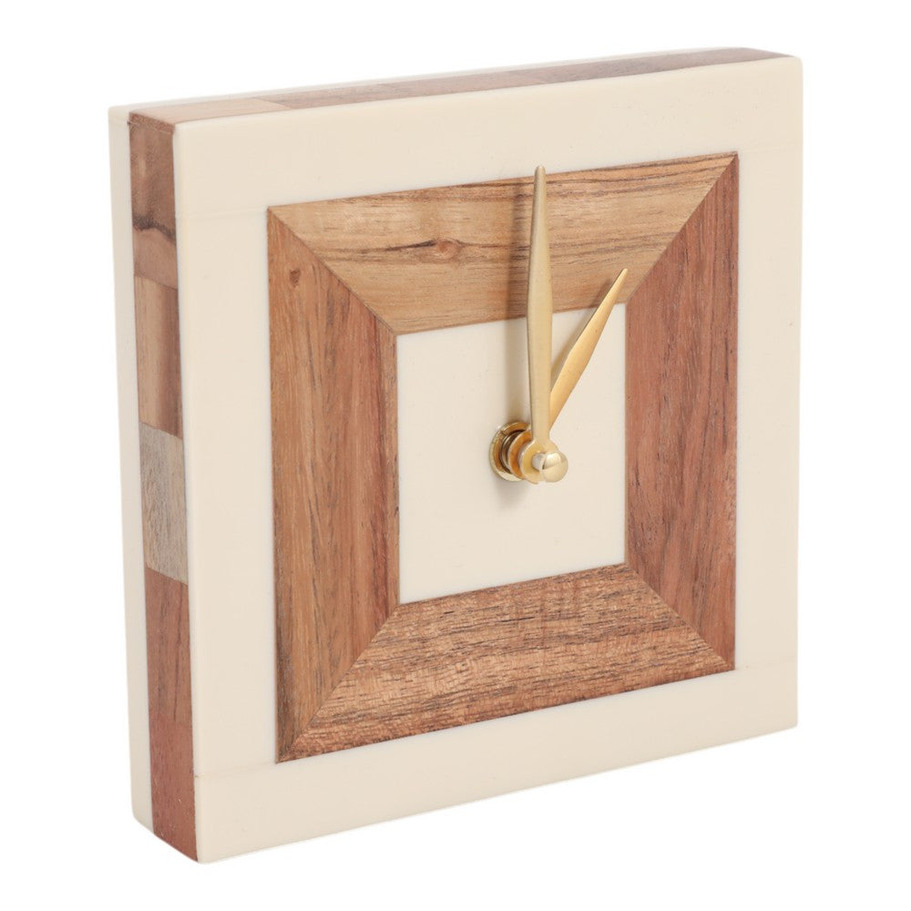 Zola Square Clock with Natural Wood Inlay | Gold Hands | Ivory Resin 5"