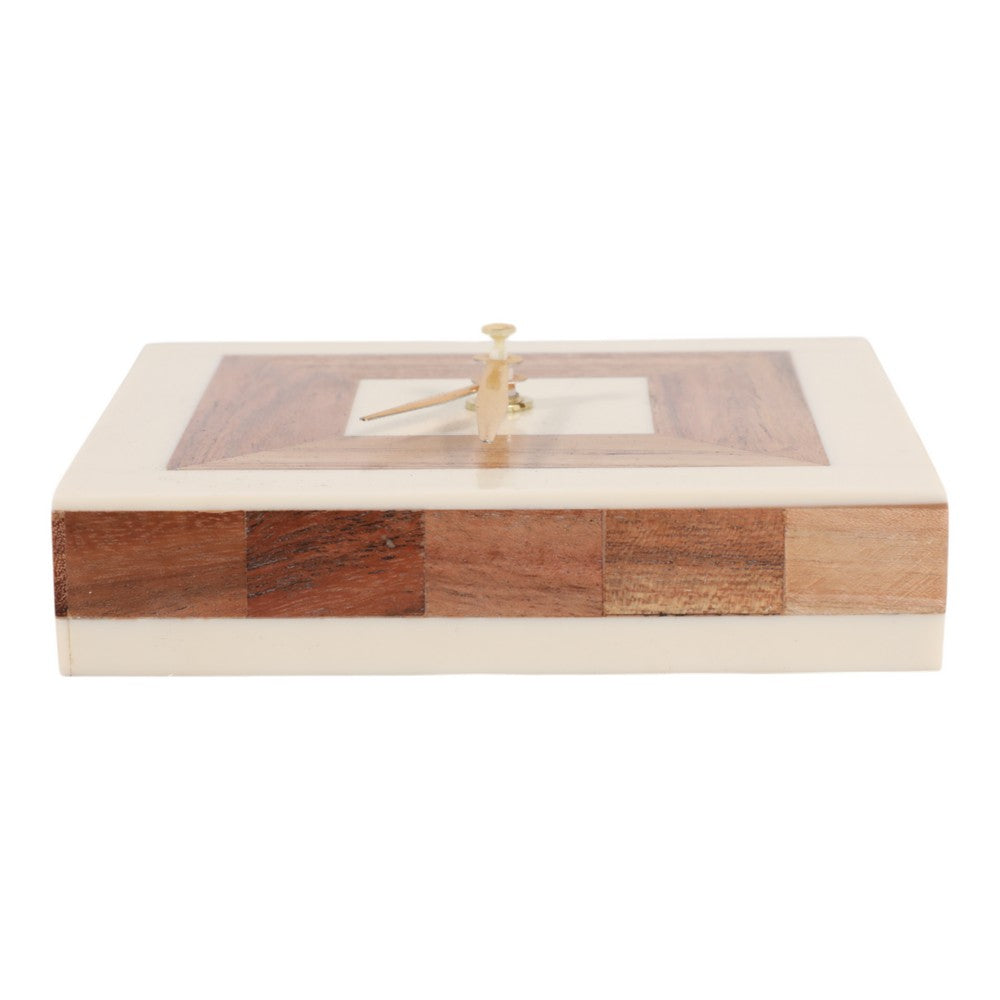Zola Square Clock with Natural Wood Inlay | Gold Hands | Ivory Resin 5"