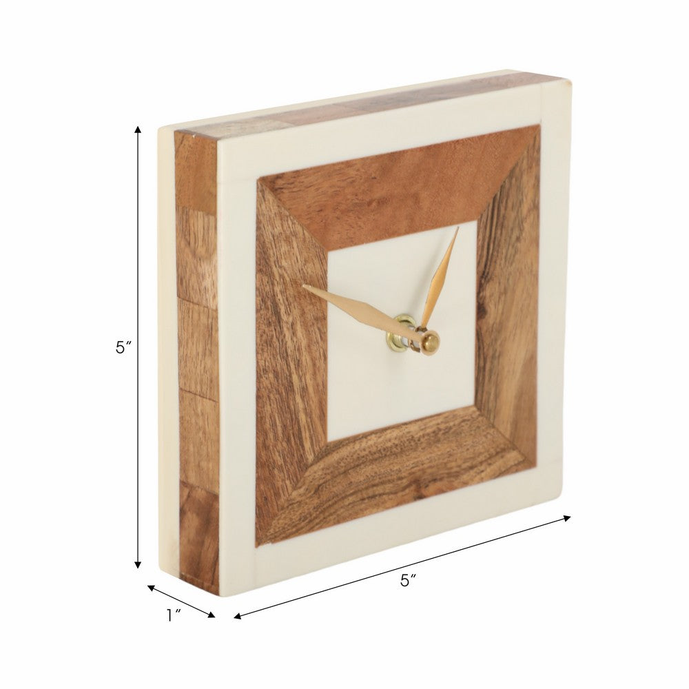 Zola Square Clock with Natural Wood Inlay | Gold Hands | Ivory Resin 5"
