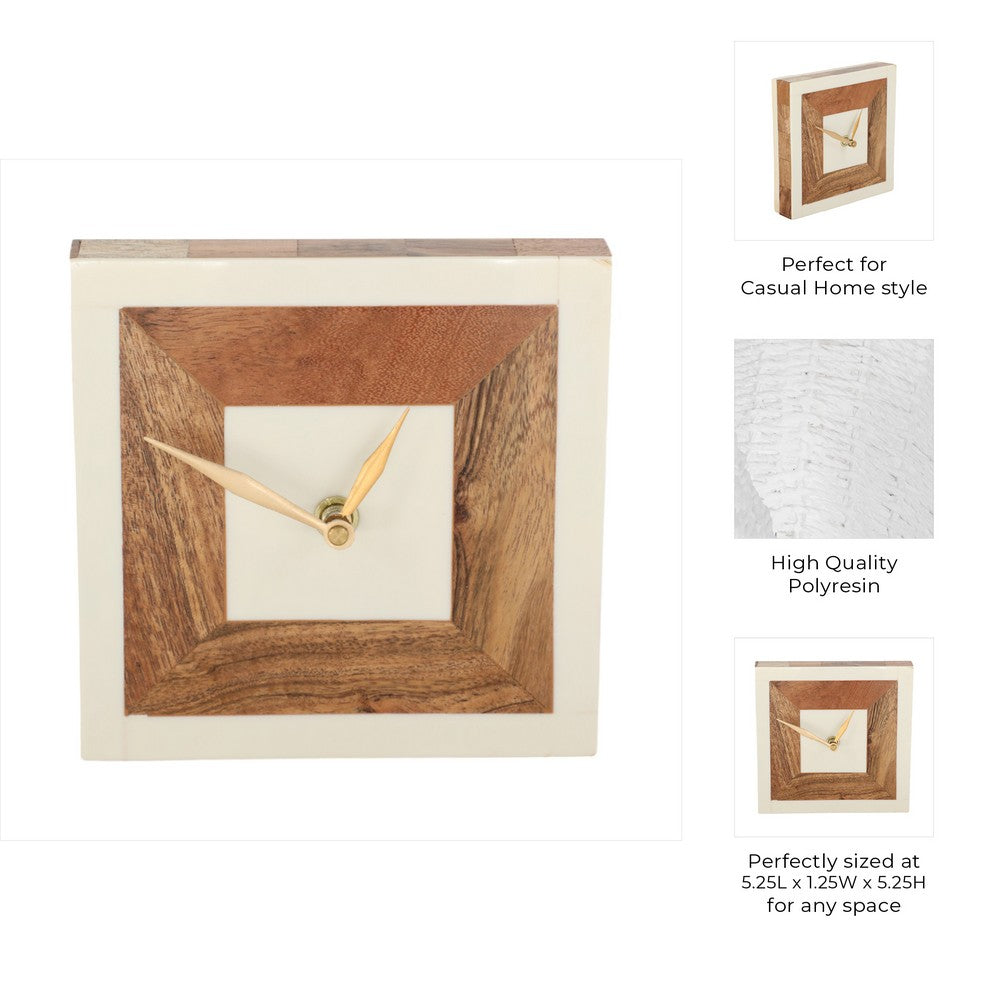 Zola Square Clock with Natural Wood Inlay | Gold Hands | Ivory Resin 5"