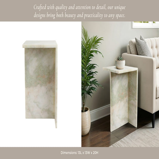 Accent Table | 13" Square Top & Wide Panel Legs | Light Green Marble