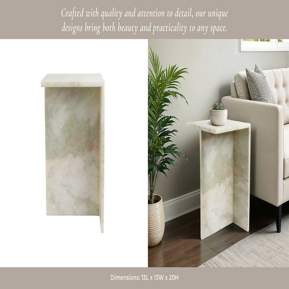 Accent Table | 13" Square Top & Wide Panel Legs | Light Green Marble