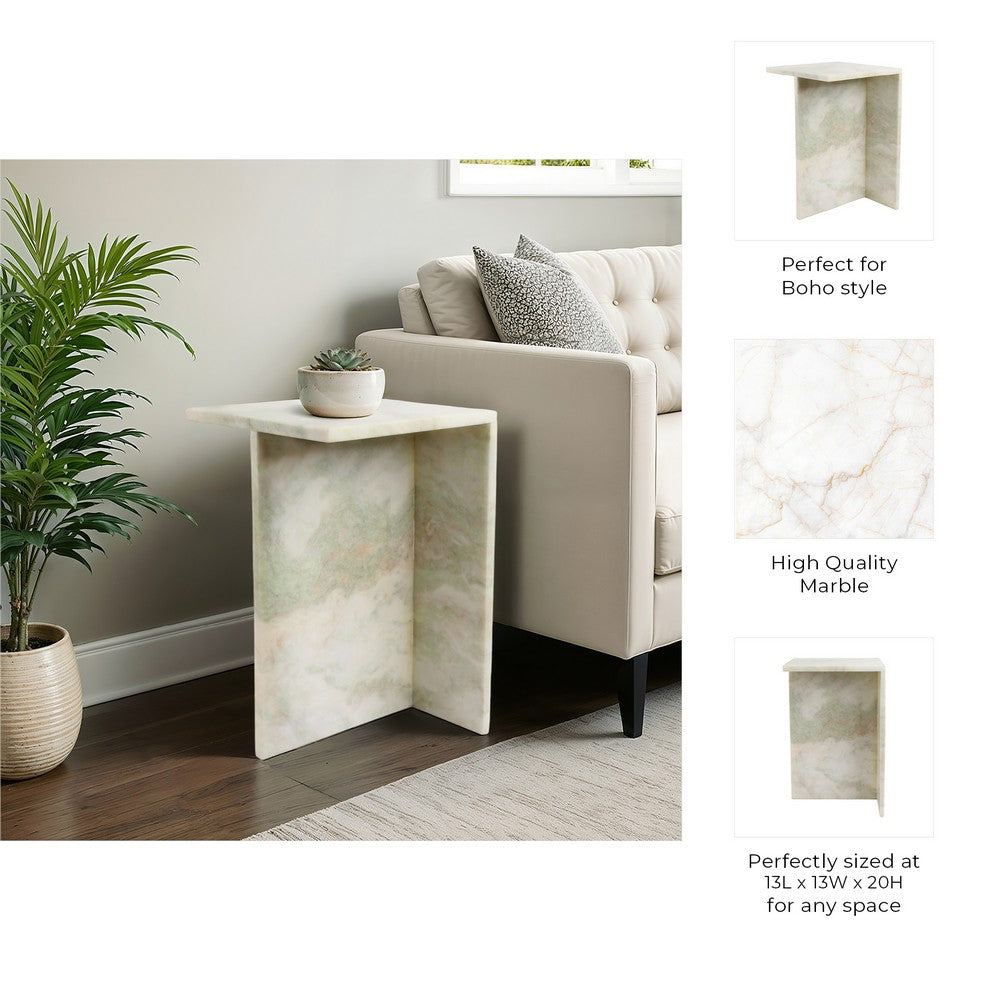 Accent Table | 13" Square Top & Wide Panel Legs | Light Green Marble