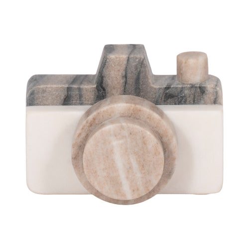 Decorative Sculpture | Vintage Style Camera Design | 5" White Gray Marble