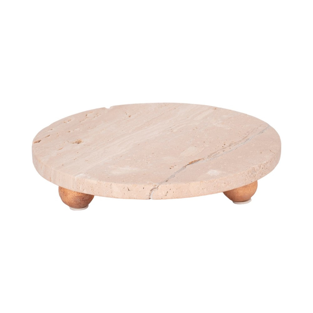 Decorative Tray | Wood Ball Feet | 10" Round Tan Travertine for Tabletop