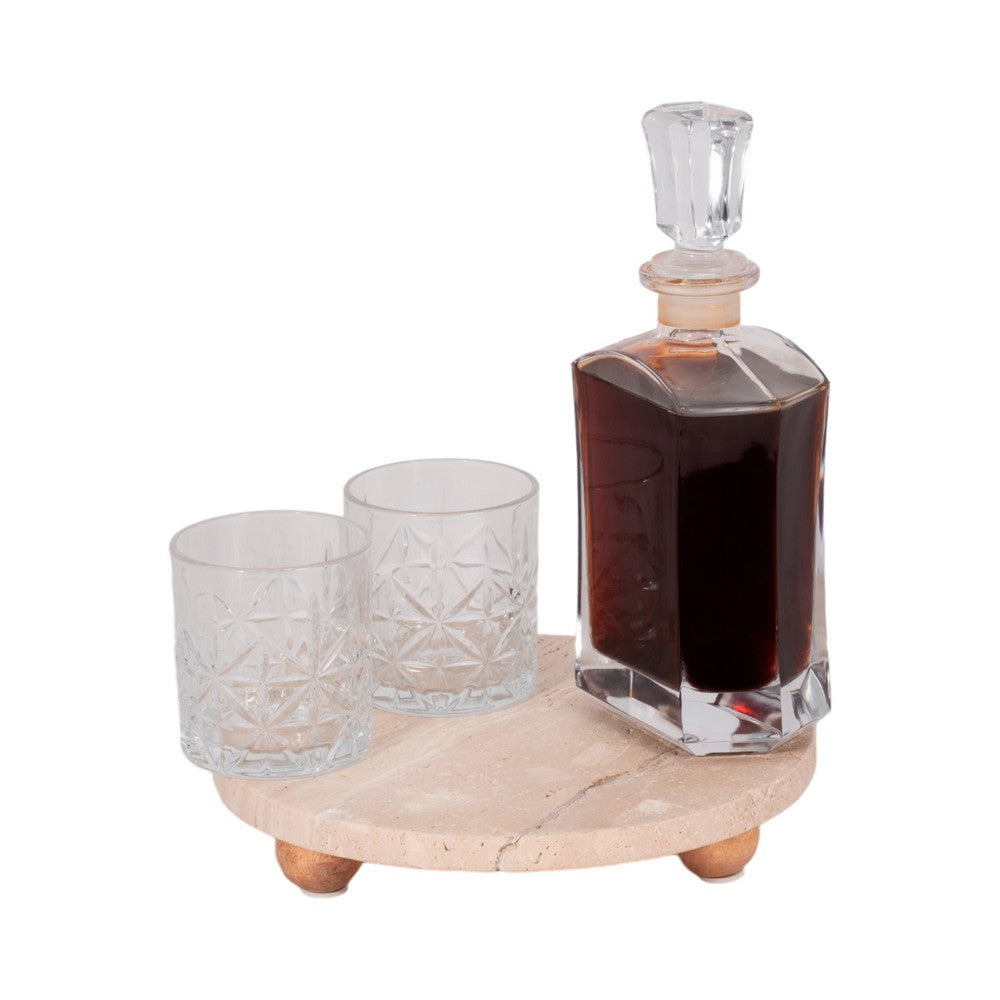 Decorative Tray | Wood Ball Feet | 10" Round Tan Travertine for Tabletop