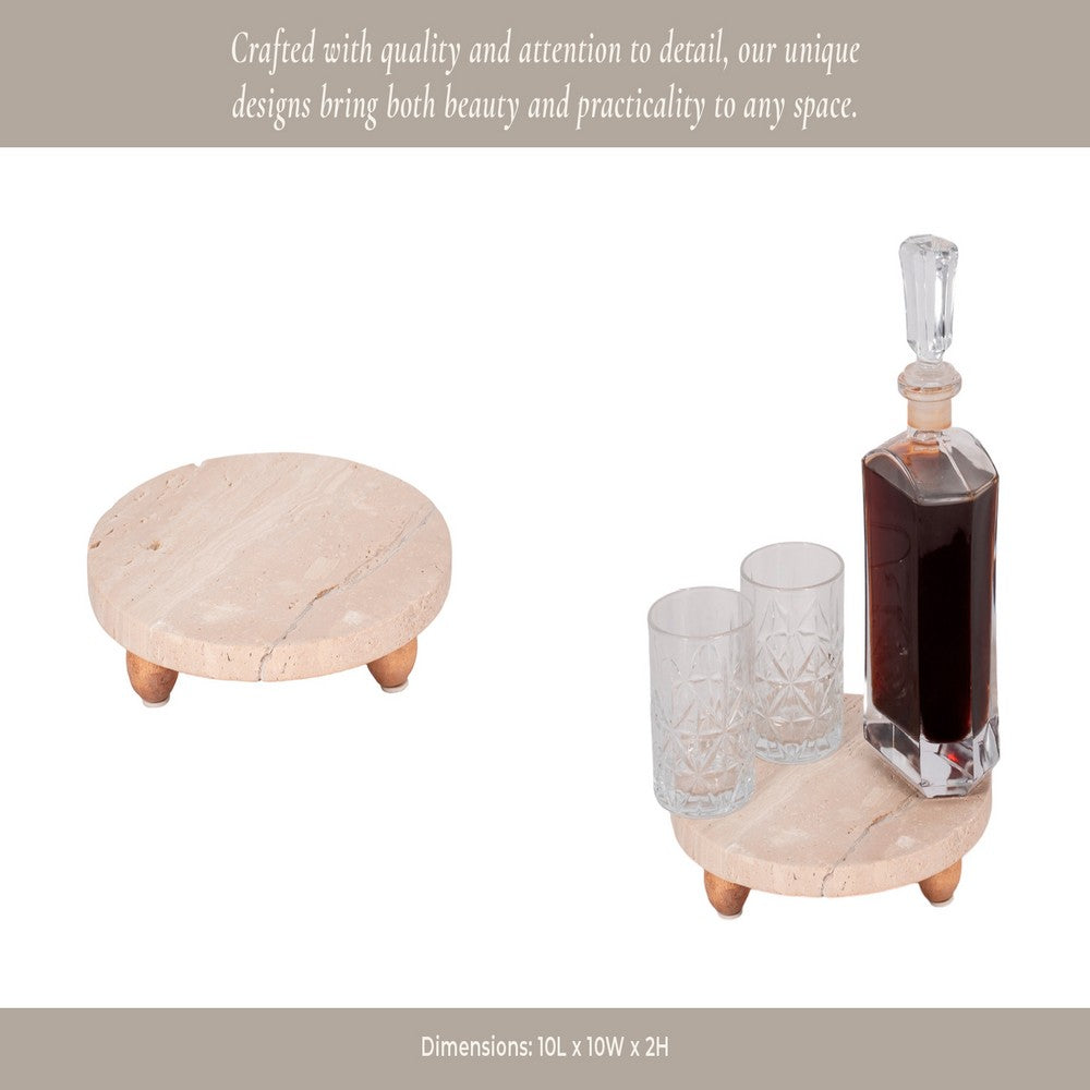 Decorative Tray | Wood Ball Feet | 10" Round Tan Travertine for Tabletop