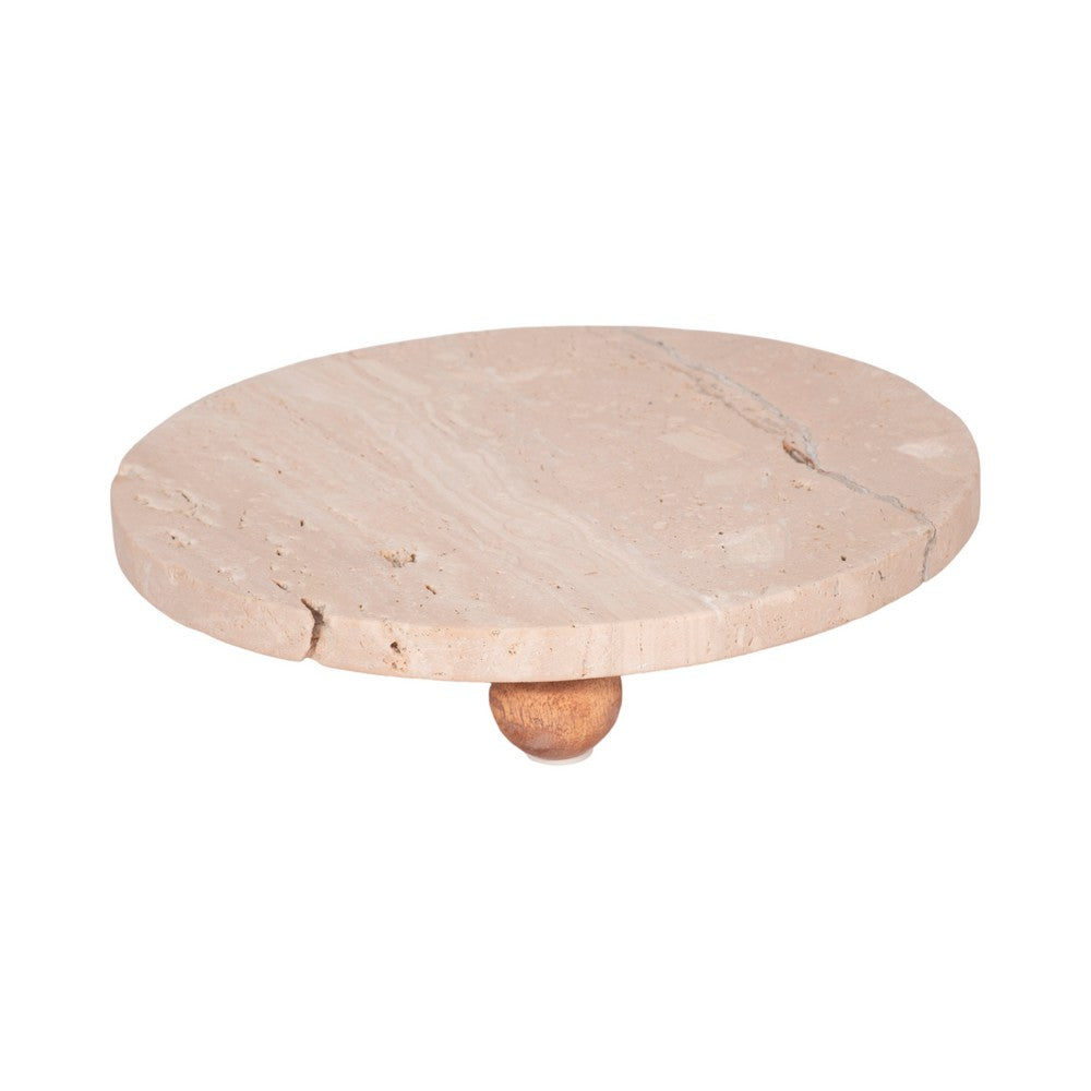 Decorative Tray | Wood Ball Feet | 10" Round Tan Travertine for Tabletop