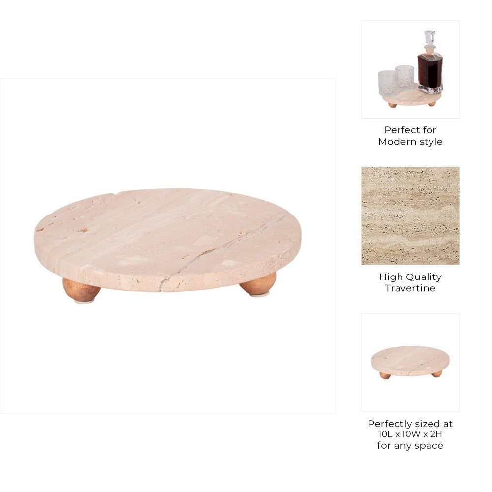 Decorative Tray | Wood Ball Feet | 10" Round Tan Travertine for Tabletop