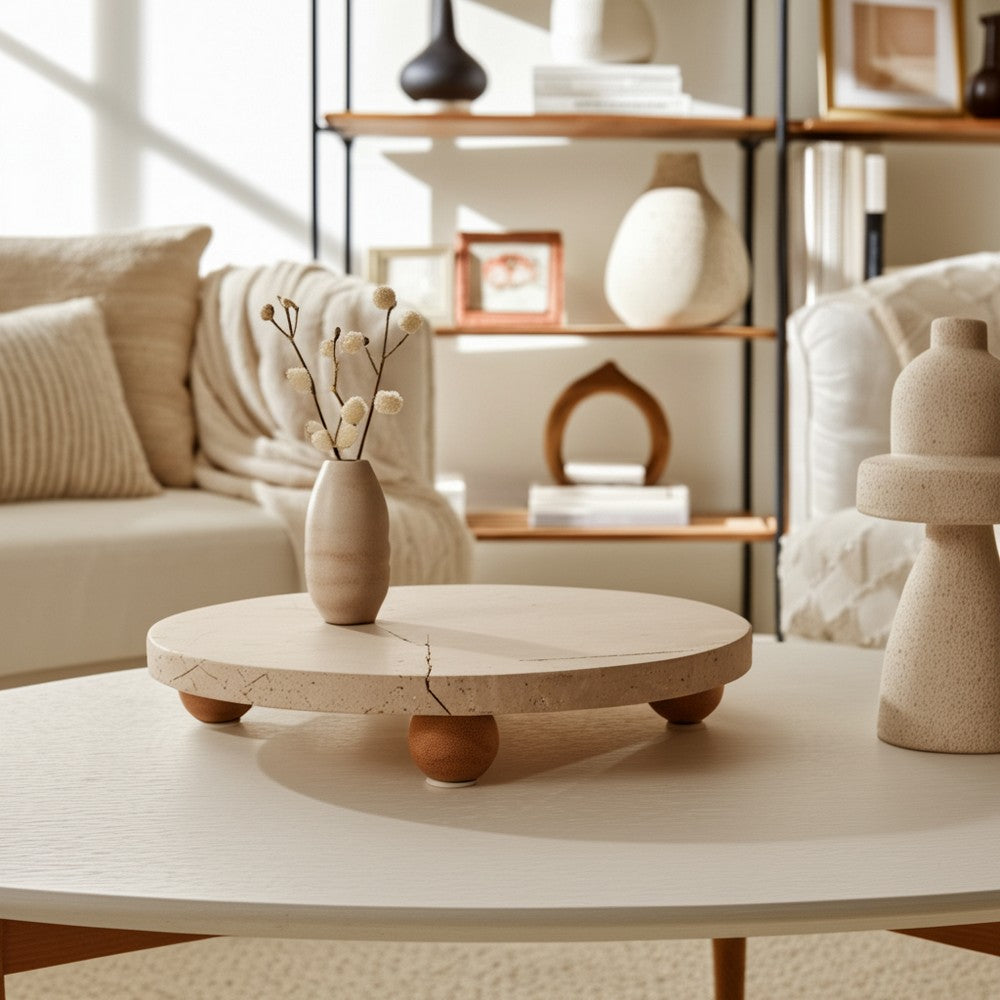 Decorative Tray | Wood Ball Feet | 10" Round Tan Travertine for Tabletop