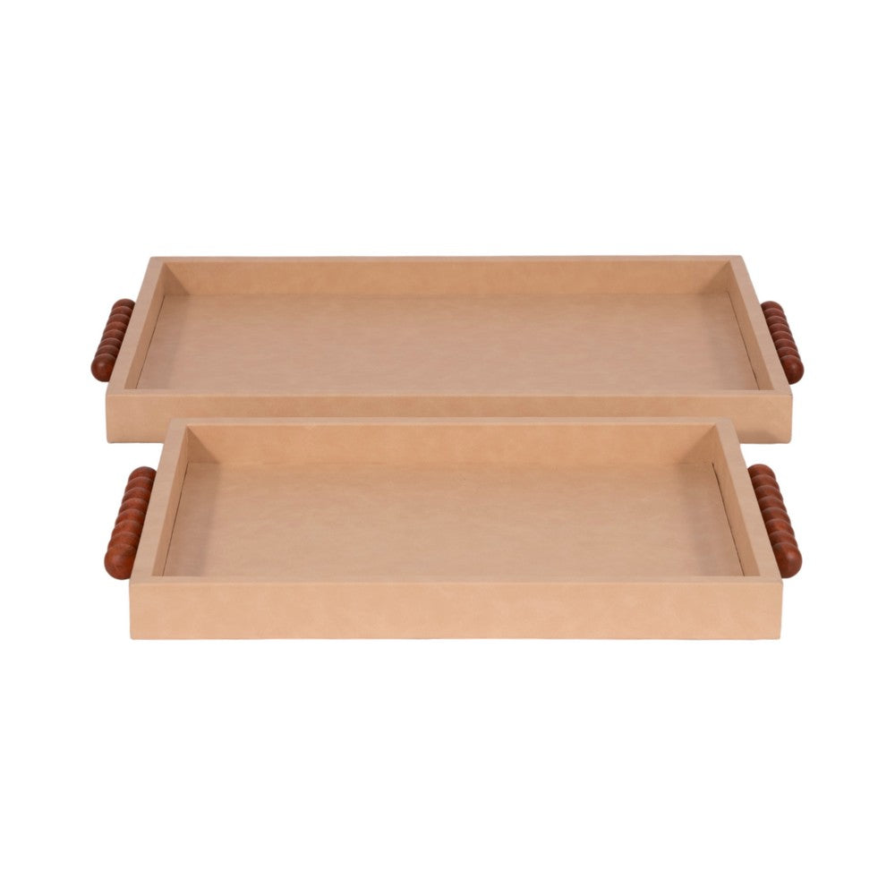 Decorative Serving Trays Set of 2 | Beaded Handles | Ivory & Brown | 16,20"