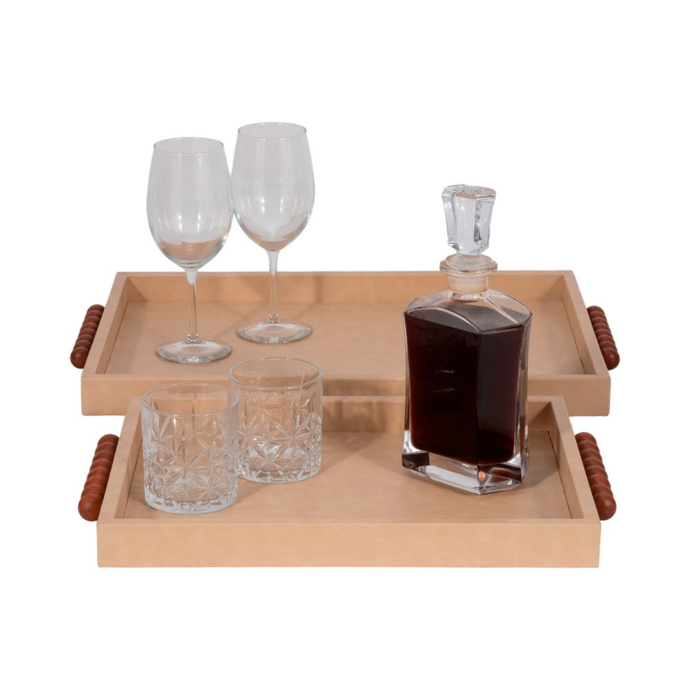 Decorative Serving Trays Set of 2 | Beaded Handles | Ivory & Brown | 16,20"