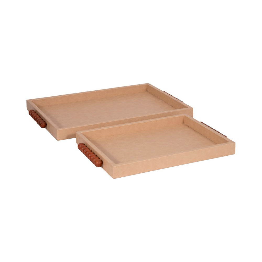 Decorative Serving Trays Set of 2 | Beaded Handles | Ivory & Brown | 16,20"