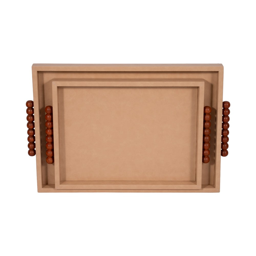 Decorative Serving Trays Set of 2 | Beaded Handles | Ivory & Brown | 16,20"