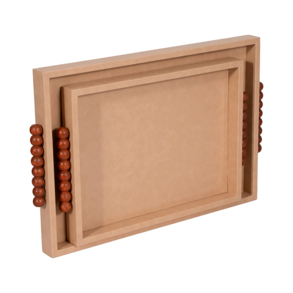 Decorative Serving Trays Set of 2 | Beaded Handles | Ivory & Brown | 16,20"