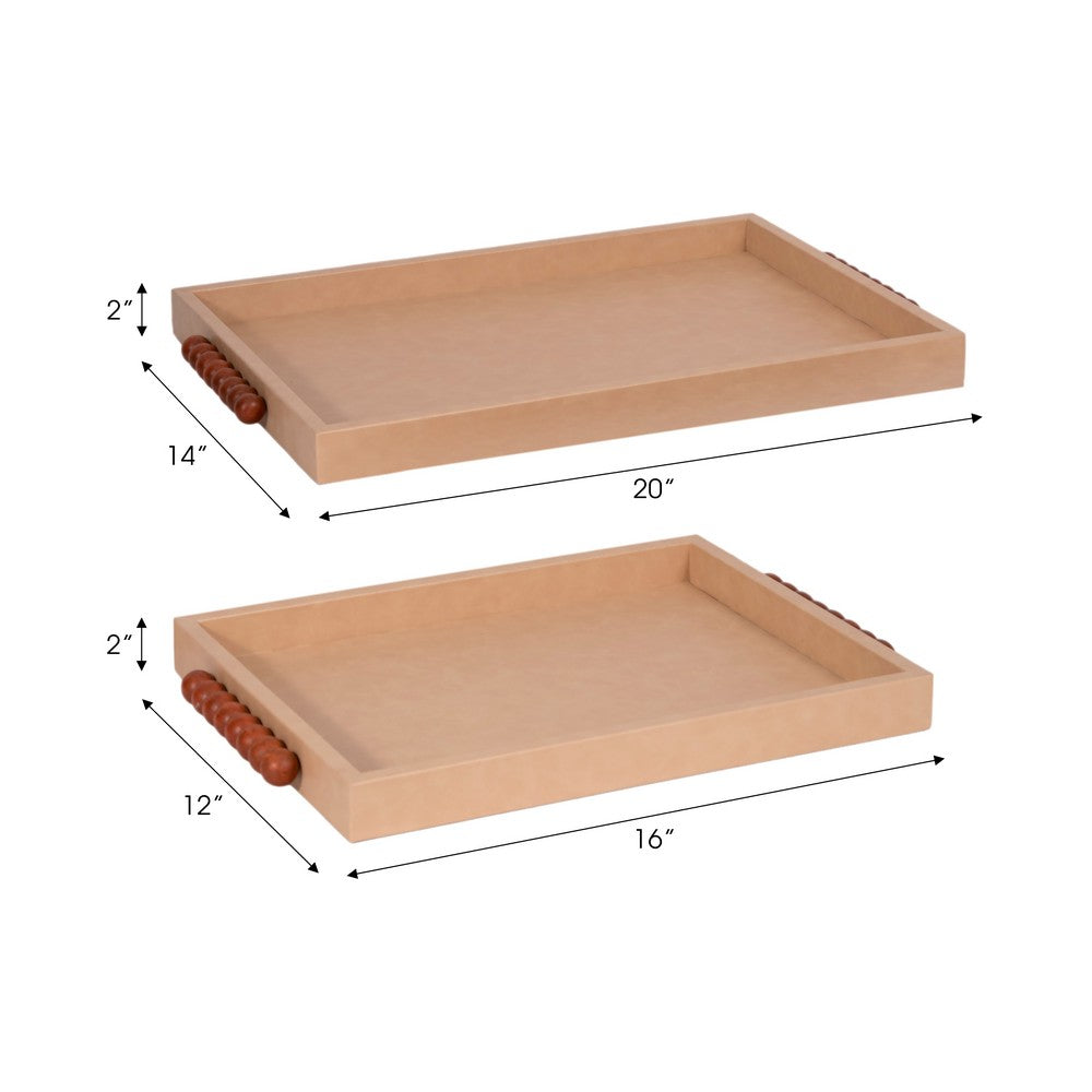Decorative Serving Trays Set of 2 | Beaded Handles | Ivory & Brown | 16,20"