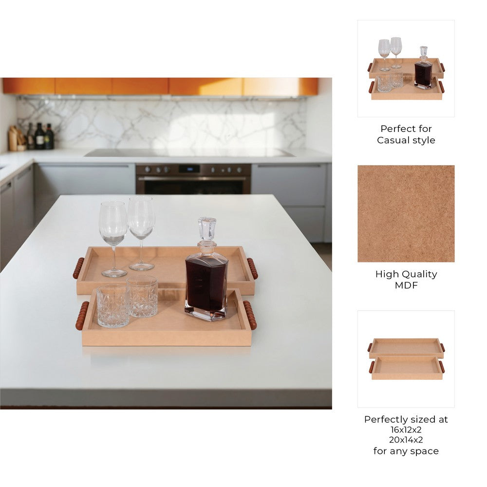 Decorative Serving Trays Set of 2 | Beaded Handles | Ivory & Brown | 16,20"