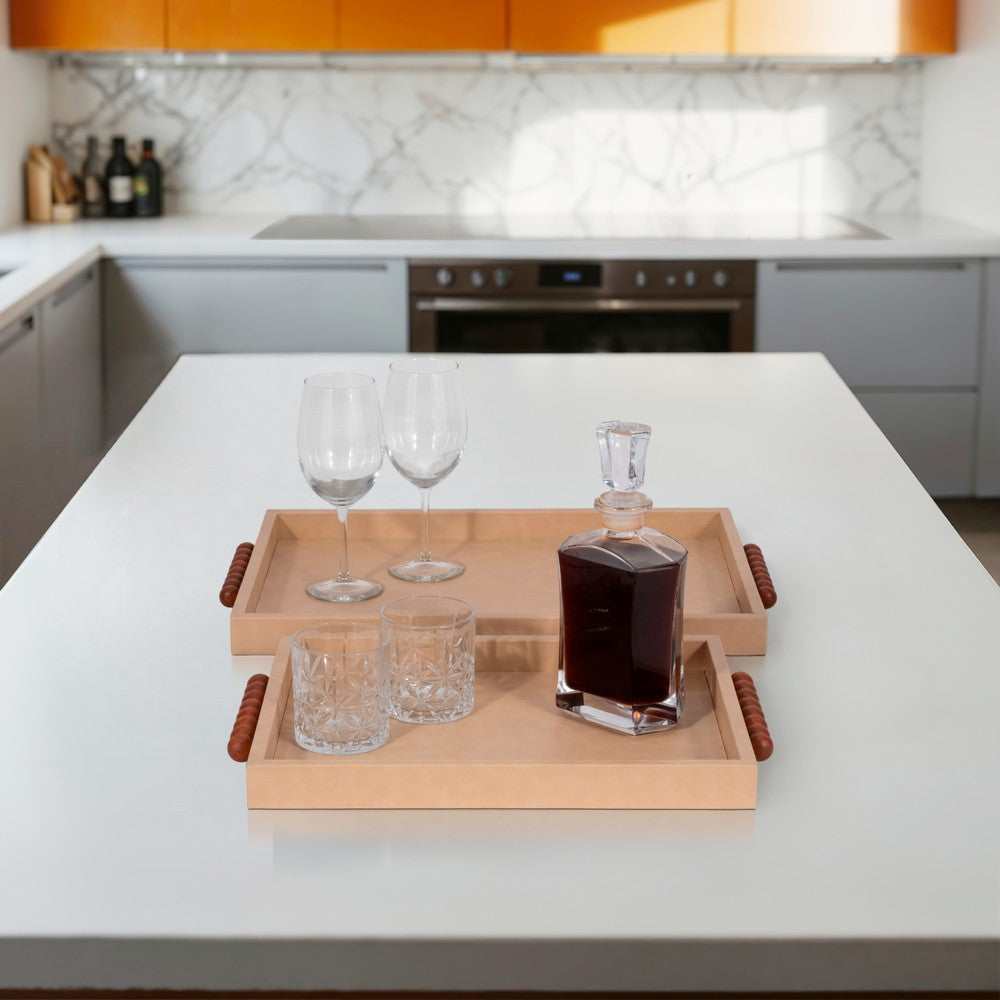 Decorative Serving Trays Set of 2 | Beaded Handles | Ivory & Brown | 16,20"