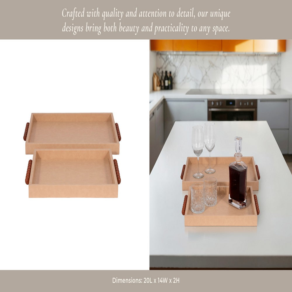 Decorative Serving Trays Set of 2 | Beaded Handles | Ivory & Brown | 16,20"