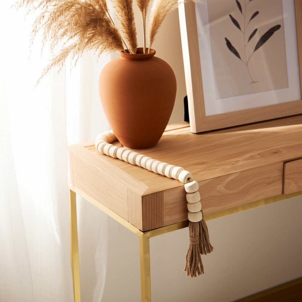 Cylinder Garland | Ivory Resin Beads & Brown Jute Rope Tassels | 38"