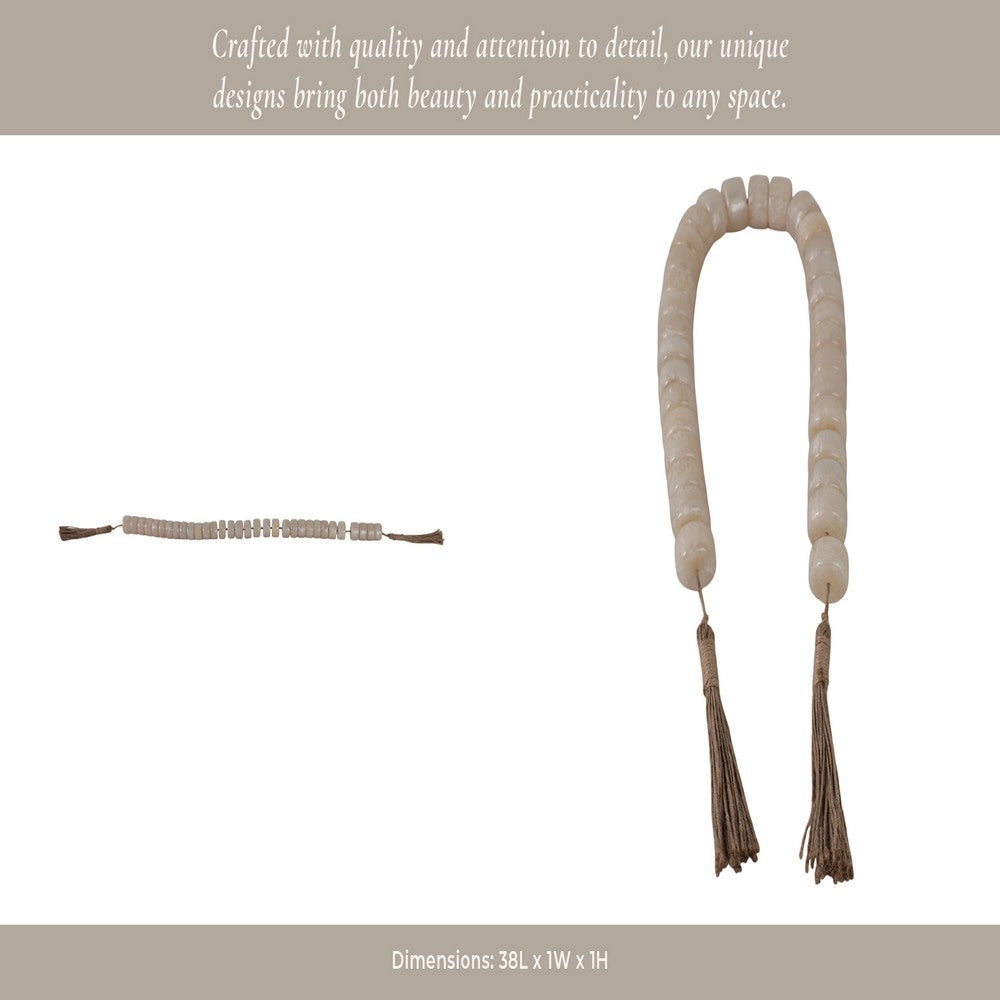 Cylinder Garland | Ivory Resin Beads & Brown Jute Rope Tassels | 38"