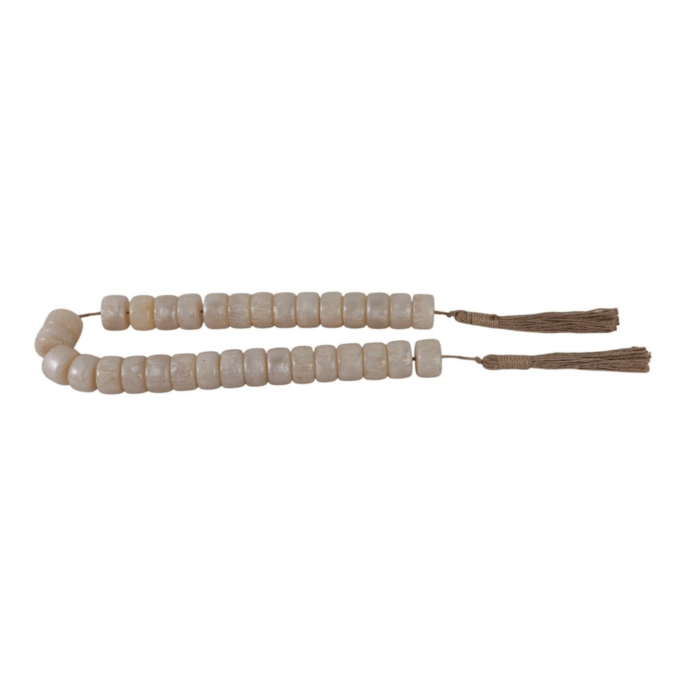 Cylinder Garland | Ivory Resin Beads & Brown Jute Rope Tassels | 38"