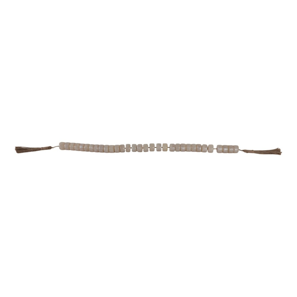 Cylinder Garland | Ivory Resin Beads & Brown Jute Rope Tassels | 38"
