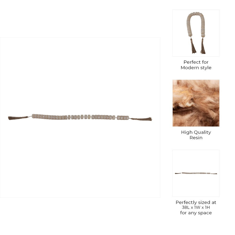 Cylinder Garland | Ivory Resin Beads & Brown Jute Rope Tassels | 38"
