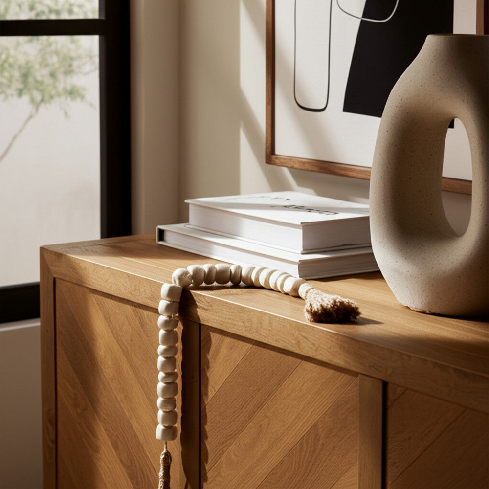 Cylinder Garland | Ivory Resin Beads & Brown Jute Rope Tassels | 38"