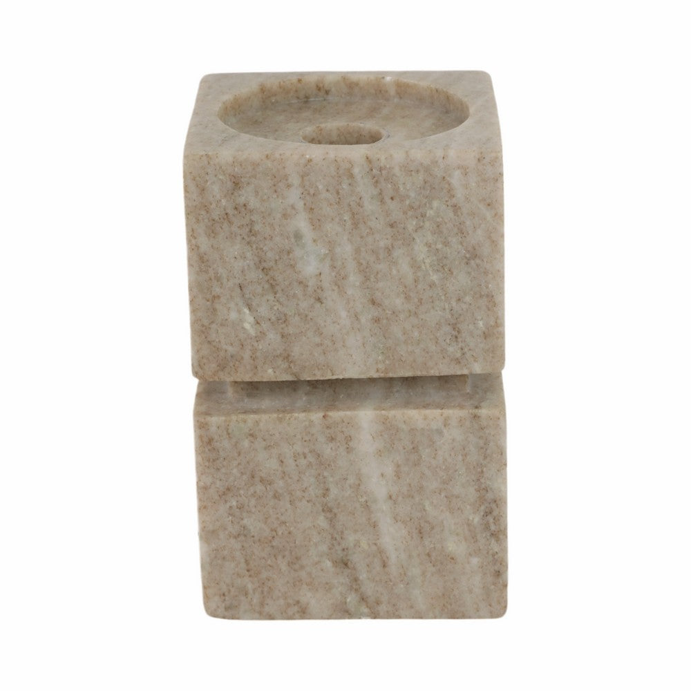 Pillar Candle Holder | 2 Cubes | 6" Ivory and Tan Finish Onyx Marble 6"