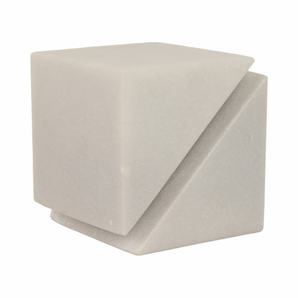 4" Slant Cut Geometric Cube Tabletop Decor Accent | White Marble