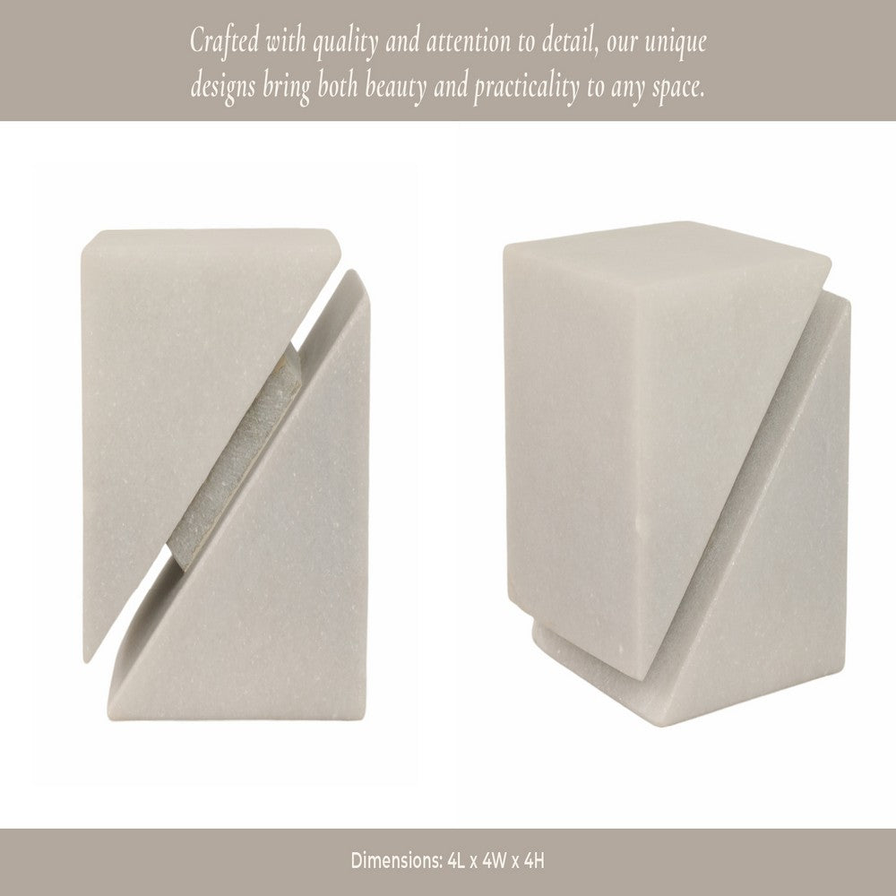 4" Slant Cut Geometric Cube Tabletop Decor Accent | White Marble