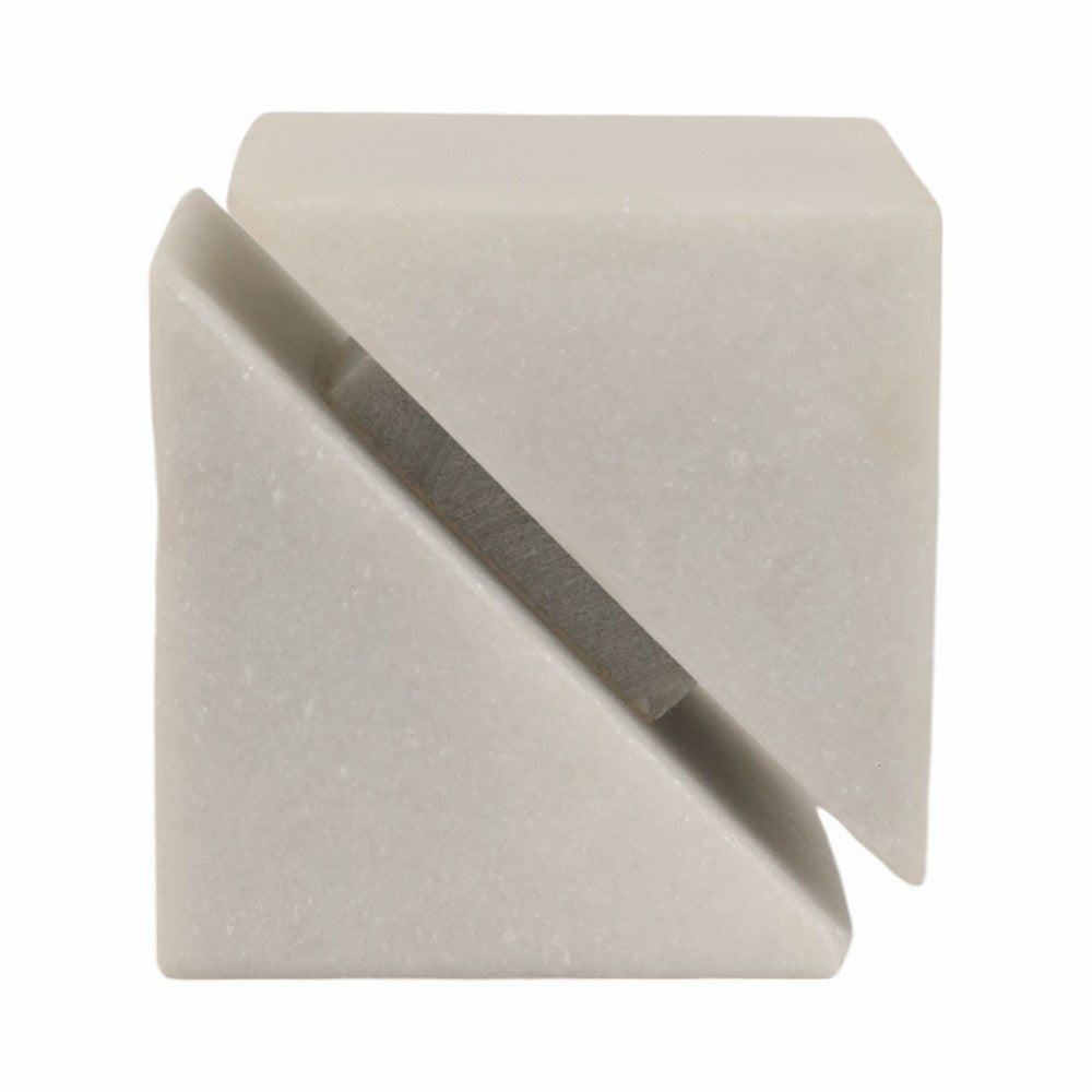 4" Slant Cut Geometric Cube Tabletop Decor Accent | White Marble