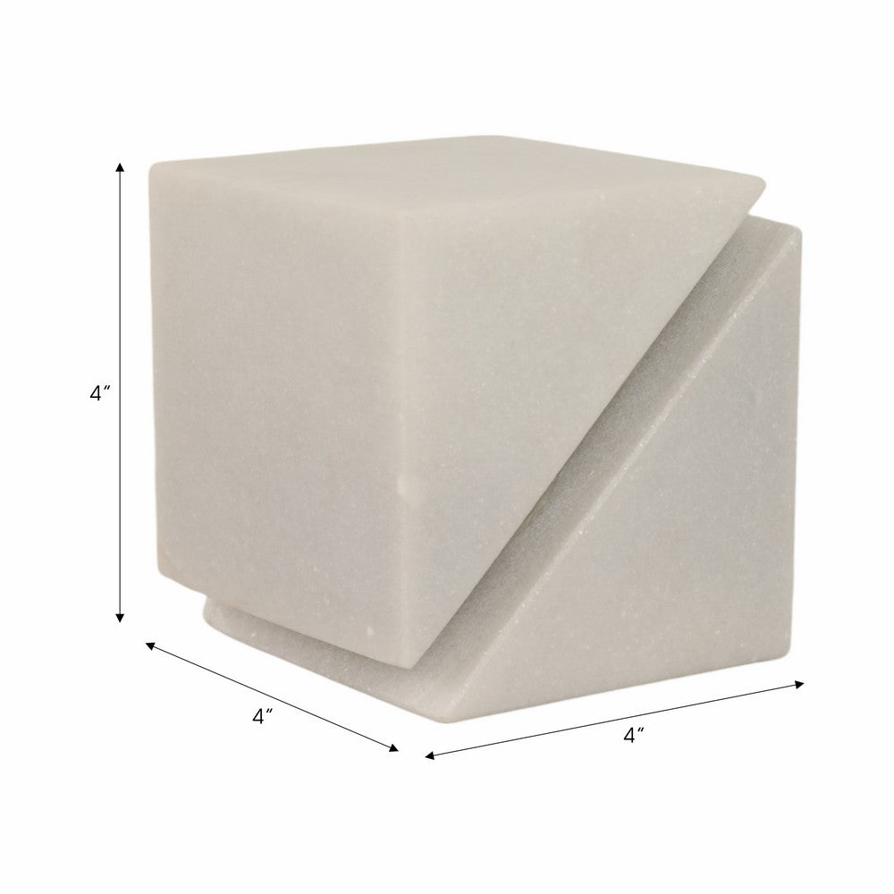 4" Slant Cut Geometric Cube Tabletop Decor Accent | White Marble