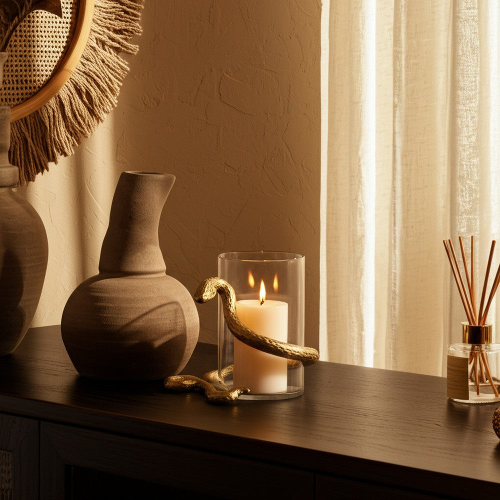 Accent  Pillar Candle Holder w Gold Metal Snake & Glass Cylinder | 9"