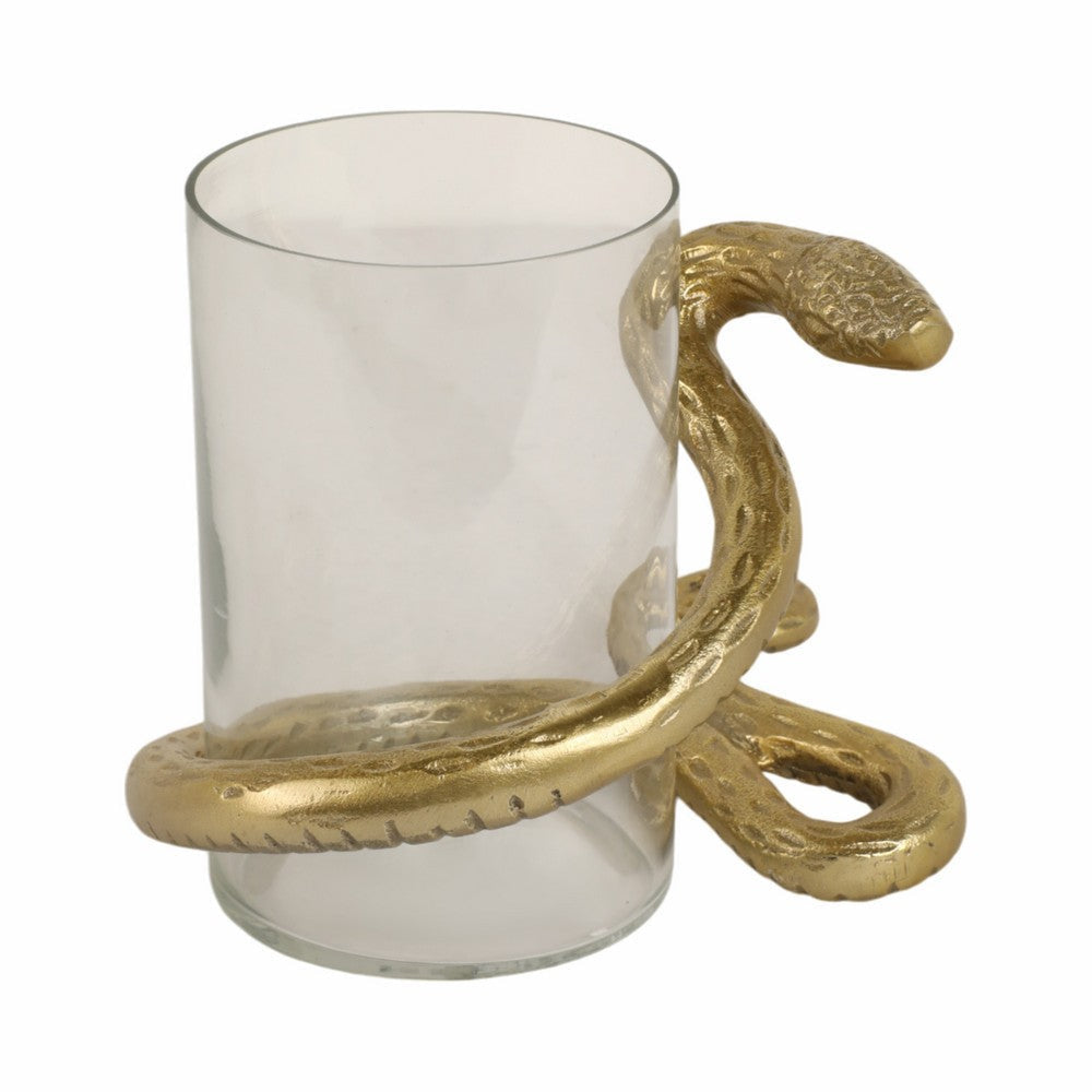 Accent Pillar Candle Holder w Gold Metal Snake & Glass Cylinder | 9’’ SBH-20831-02