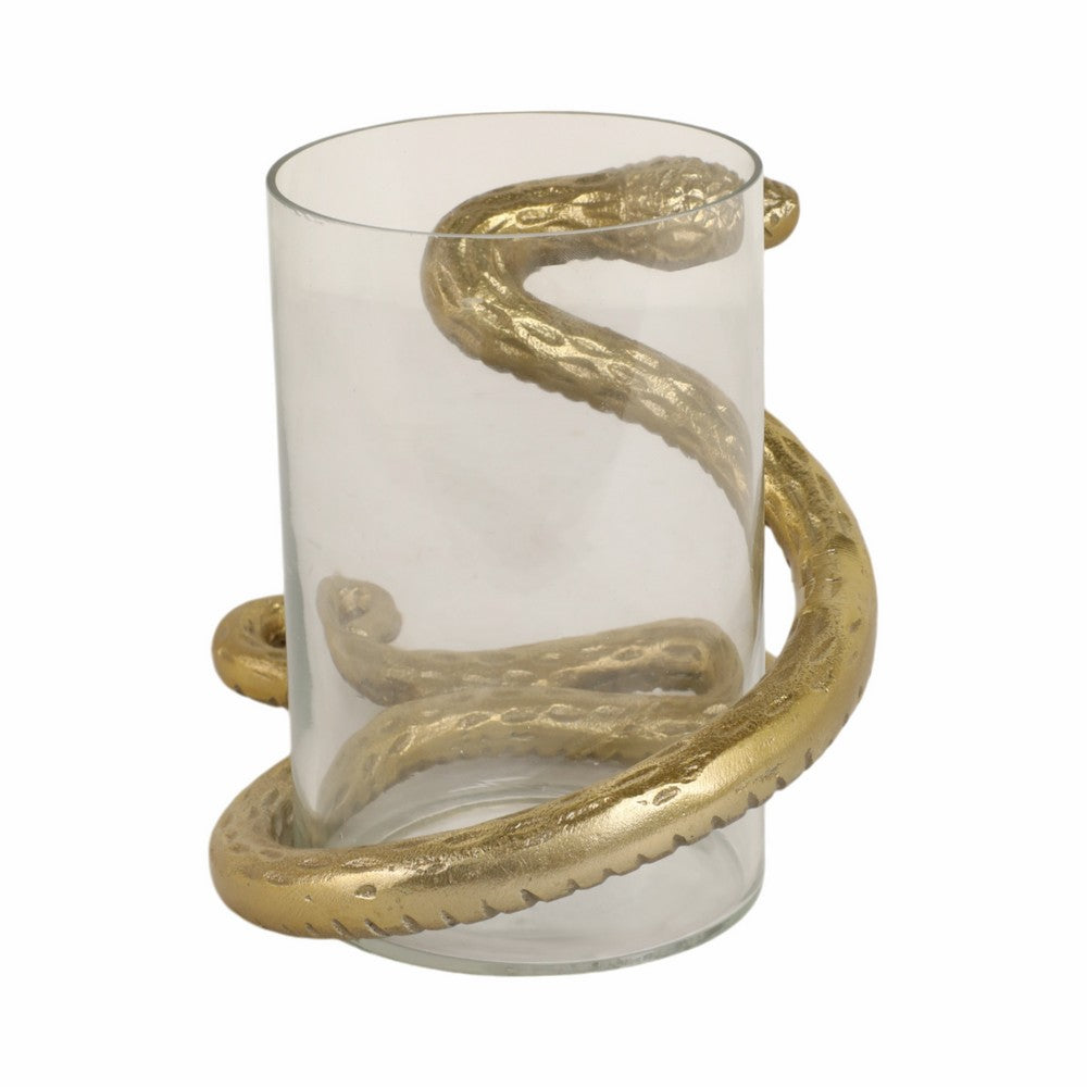 Accent  Pillar Candle Holder w Gold Metal Snake & Glass Cylinder | 9"