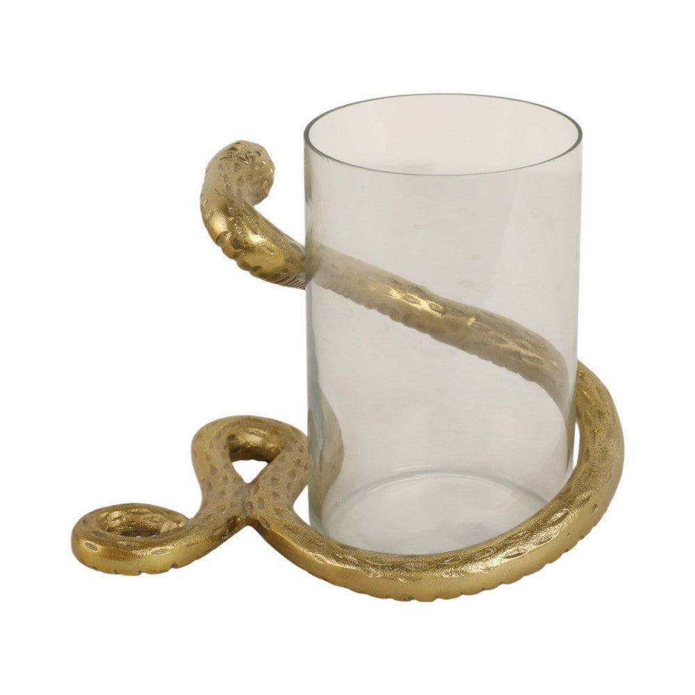 Accent  Pillar Candle Holder w Gold Metal Snake & Glass Cylinder | 9"