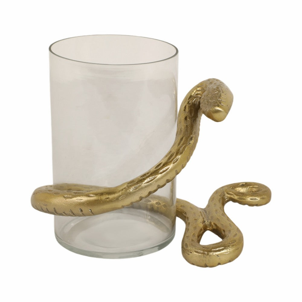 Accent  Pillar Candle Holder w Gold Metal Snake & Glass Cylinder | 9"