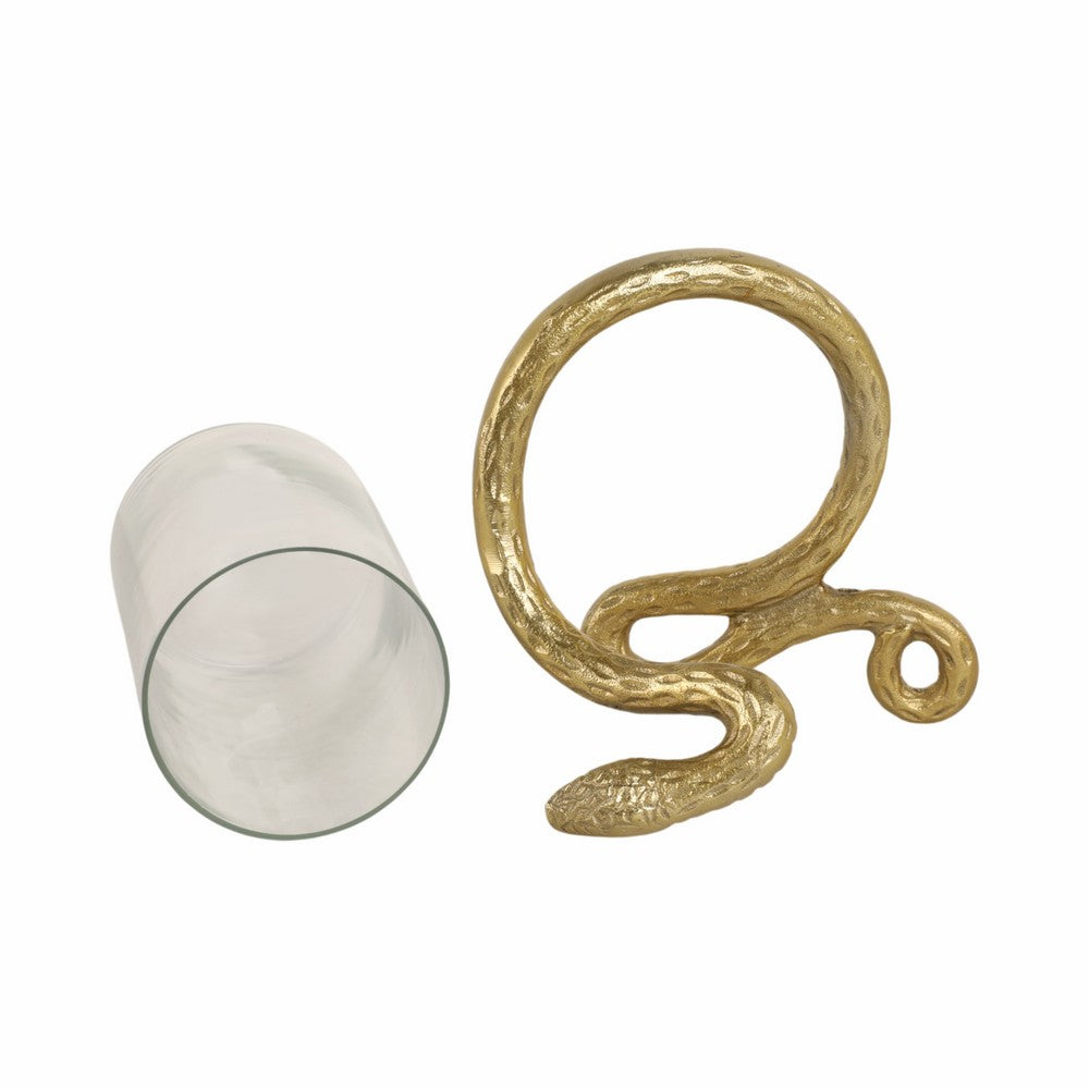 Accent  Pillar Candle Holder w Gold Metal Snake & Glass Cylinder | 9"