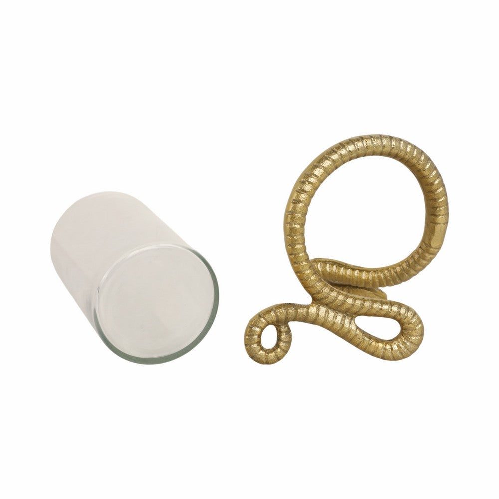 Accent  Pillar Candle Holder w Gold Metal Snake & Glass Cylinder | 9"