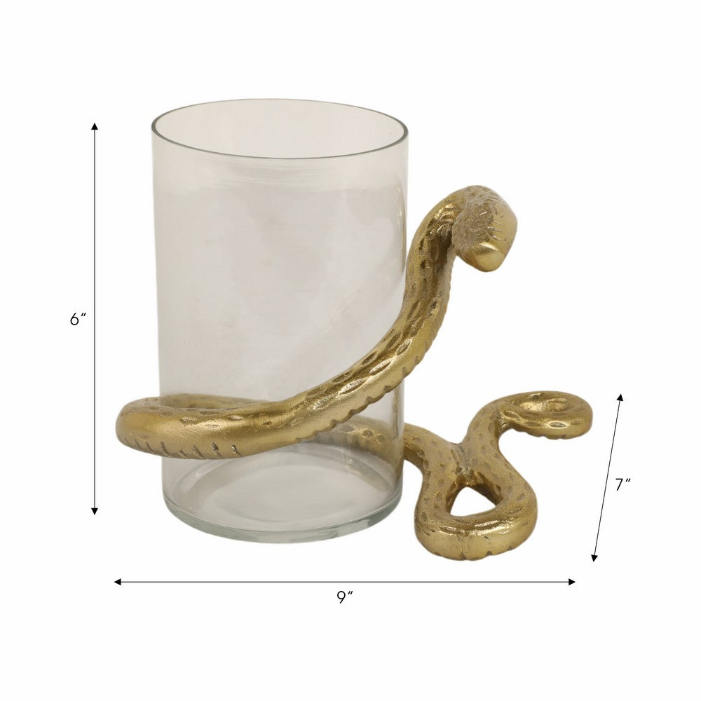 Accent  Pillar Candle Holder w Gold Metal Snake & Glass Cylinder | 9"