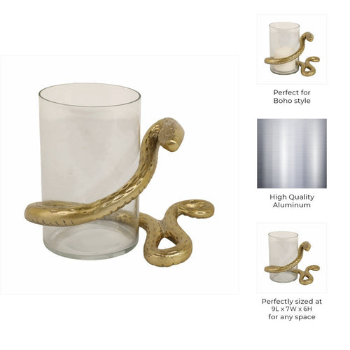 Accent  Pillar Candle Holder w Gold Metal Snake & Glass Cylinder | 9"