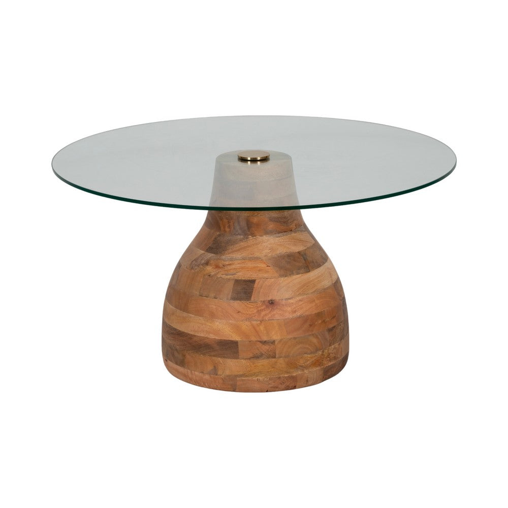 Coffee Table w 34" Round Glass Top | Striped Wood Pedestal Base