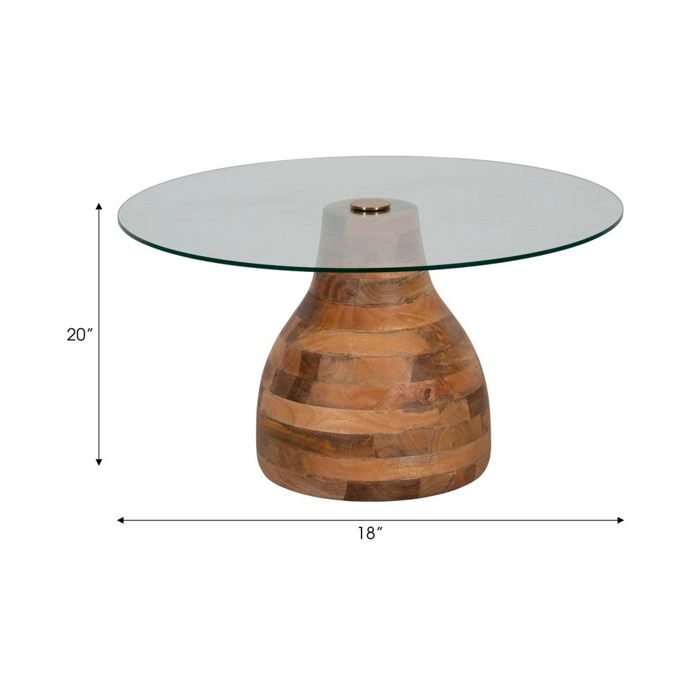 Coffee Table w 34" Round Glass Top | Striped Wood Pedestal Base