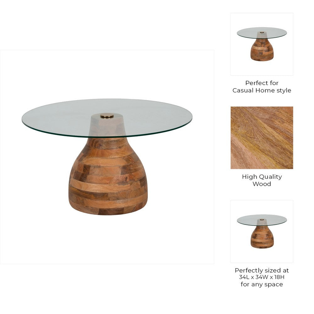 Coffee Table w 34’’ Round Glass Top | Striped Wood Pedestal Base SBH-20836-02